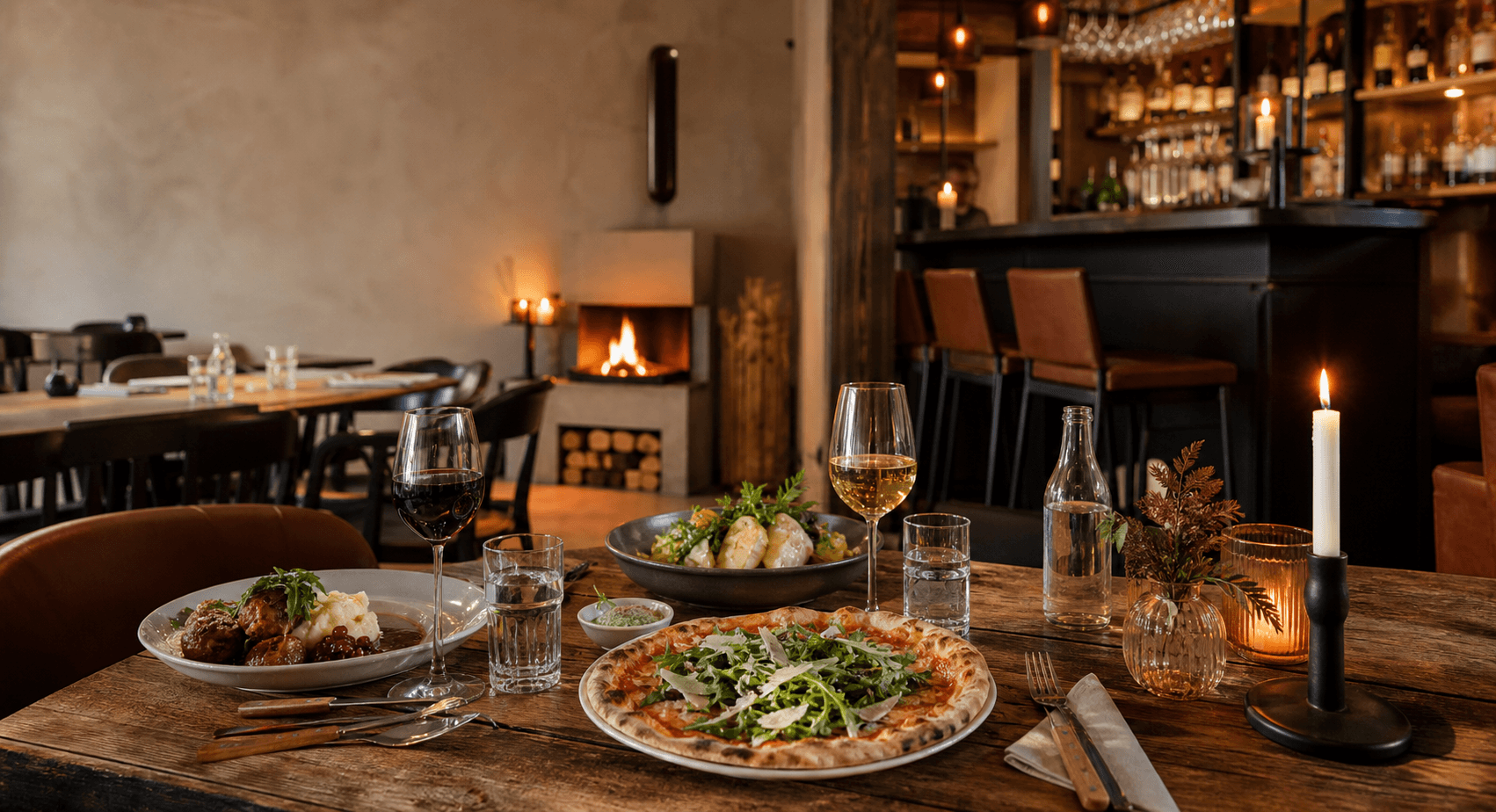 Varm restaurangmiljö med dukade bord hos Sjöbacken i Ockelbo